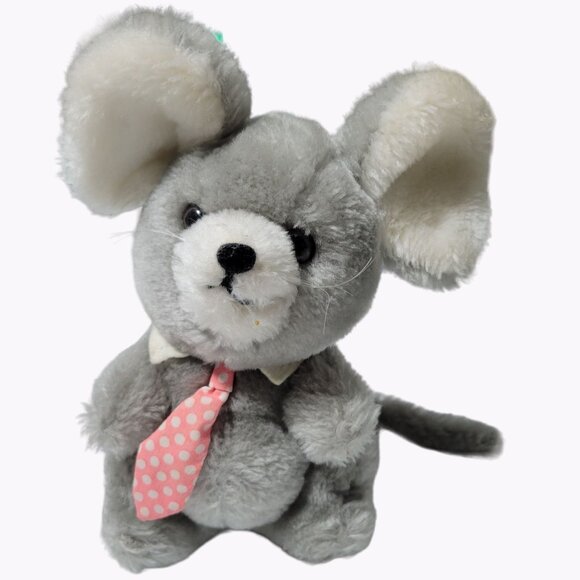 Vintage 80s Dakin Mouse Pink Polka Dot Tie 9 Inch Gray Plush Stuffed Animal Toy - Picture 1 of 5